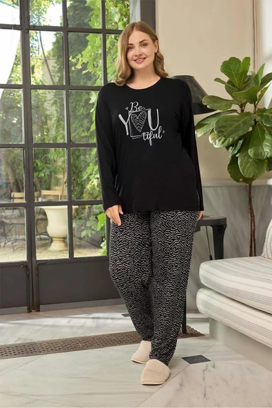 Aydoğan Kadın inci Büyük Beden Be You Tiful Siyah Pijama Takım 0662 - 2