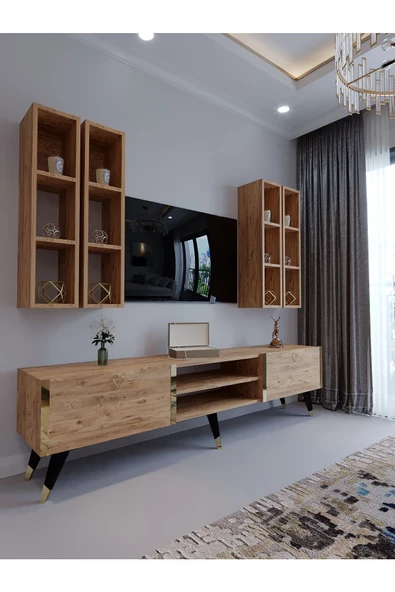 Myniture Home & Living Tv Ünitesi G3001-6 ATLANTİK GOLD COLOR Tv Sehpası ve Duvar Rafı