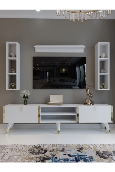 Myniture Home & Living Festival Tv Ünitesi G3009-1 Beyaz Parlak Gold detaylı Minifiks Bağlantı Tv Sehpası ve Duvar Rafı - Resim 2