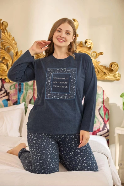 Aydoğan Kadın Suzi Büyük Beden Termal Lacivert Pijama Takım 0685 - 1