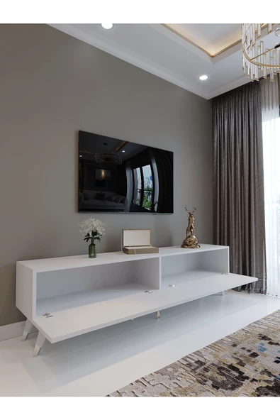 Myniture Home & Living Festival Tv Ünitesi S3011-1 Beyaz Parlak Silver detaylı Minifiks Bağlantı Tv Sehpası - Resim 3