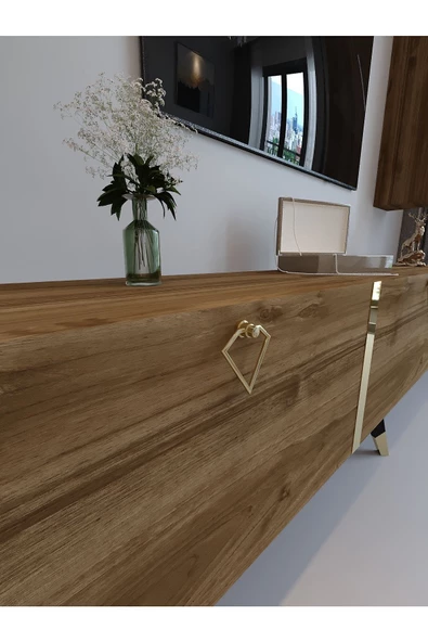 Myniture Home & Living Festival Tv Ünitesi G3008-2 CEVİZ - COLOR Gold detaylı Minifiks Bağlantı Tv Sehpası ve Duvar Rafı - Resim 4