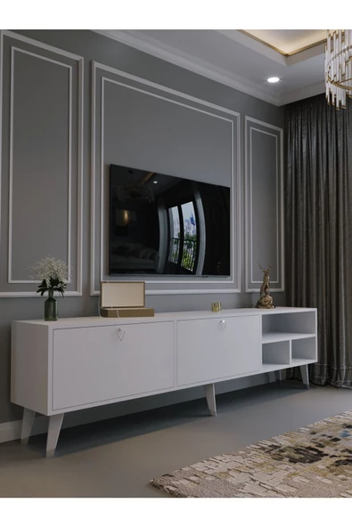 Myniture Home & Living Festival Tv Ünitesi S6501-1 Beyaz Parlak Silver detaylı Minifiks Bağlantı Tv Sehpası