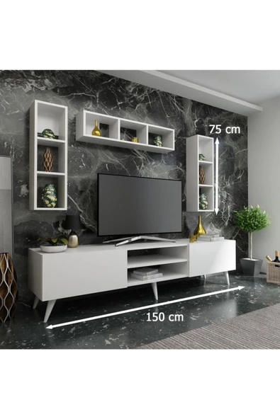 MobilyaFırsat Ideal Tv Ünitesi Duvar Raflı Q7806-1 Beyaz - Resim 2