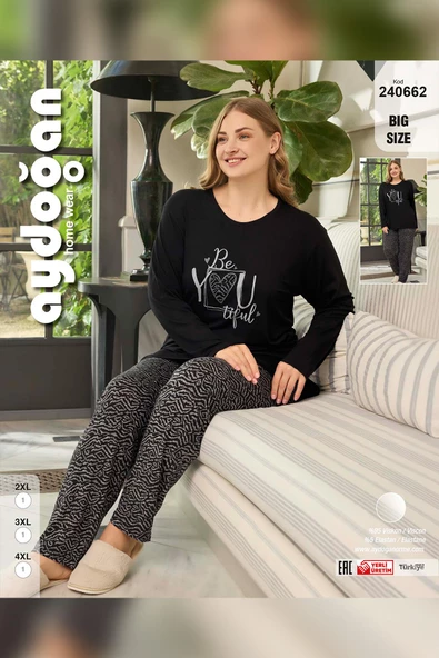 Aydoğan Kadın inci Büyük Beden Be You Tiful Siyah Pijama Takım 0662 - 3