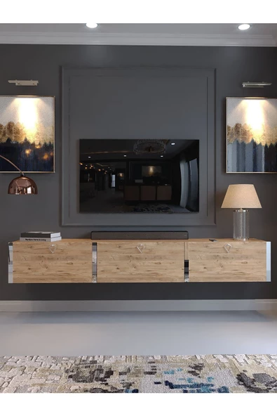 Myniture Home & Living Festival Duvara Monte Tv Sehpası A. Çam S10017-6 Silver - Resim 2