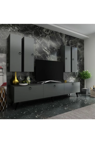 MobilyaFırsat Ideal Tv Ünitesi Duvar Raf Ve Dolaplı Q7820-4 Antrasit