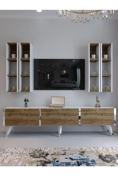 Myniture Home & Living Festival Tv Ünitesi S3002-2-1 CEVİZ BEYAZ  - COLOR SİLVER Tv Sehpası ve Duvar Rafı - Resim 2