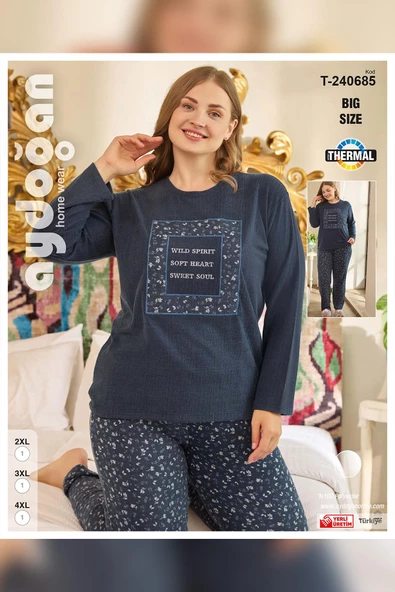 Aydoğan Kadın Suzi Büyük Beden Termal Lacivert Pijama Takım 0685 - 3