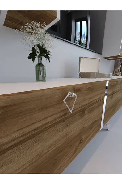 Myniture Home & Living Festival Tv Ünitesi S3002-2-1 CEVİZ BEYAZ  - COLOR SİLVER Tv Sehpası ve Duvar Rafı - Resim 4