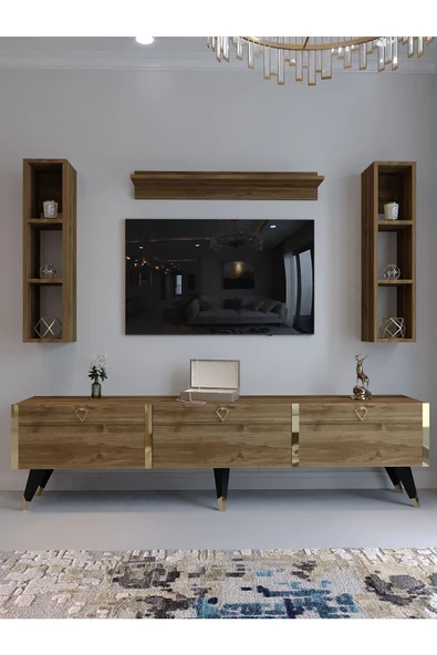 Myniture Home & Living Festival Tv Ünitesi G3008-2 CEVİZ - COLOR Gold detaylı Minifiks Bağlantı Tv Sehpası ve Duvar Rafı - Resim 2