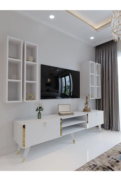 Myniture Home & Living Festival Tv Ünitesi G3001-1 Beyaz Parlak Gold detaylı Minifiks Bağlantı Tv Sehpası ve Duvar Rafı