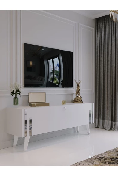Myniture Home & Living Festival Tv Ünitesi S6302-1 Beyaz Gümüş 120 Cm Tv Sehpası Minifiks Bağlantı Dışarıdan Vida Gözükmez