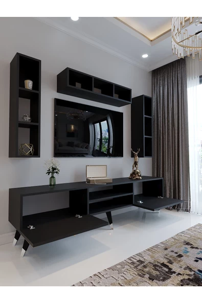 Myniture Home & Living Festival Tv Ünitesi G3006-4 Antrasit - Silver detaylı Minifiks Bağlantı Tv Sehpası ve Duvar Rafı - 3