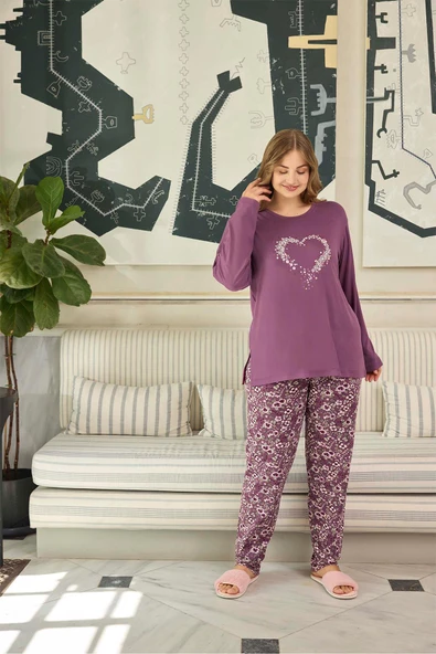 Aydoğan Kadın inci Büyük Beden Kalpli Gülkurusu Pijama Takım 0649 - 3