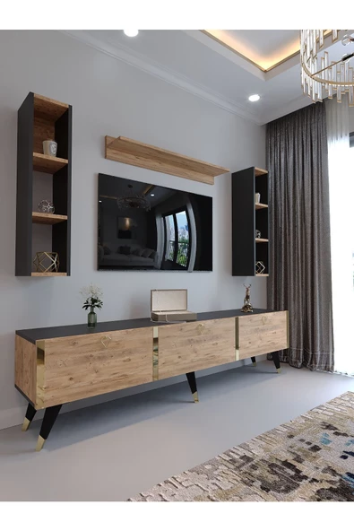 Myniture Home & Living Festival Tv Ünitesi G3008-4-6 ANT. A. ÇAM - COLOR Gold Tv Sehpası ve Duvar Rafı ürün görseli 1