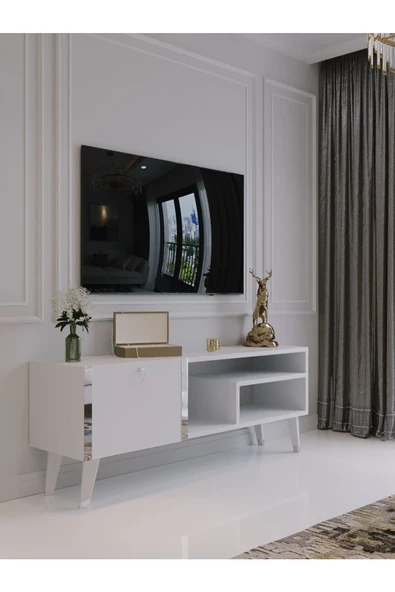 Myniture Home & Living Festival Tv Sehpası S6307-1 Beyaz Parlak Silver detaylı Minifiks Bağlantı Tv Ünitesi ürün görseli 1