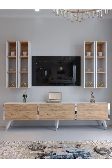 Myniture Home & Living Festival Tv Ünitesi S3002-6-1 BEYAZ ATLANTİK SİLVER COLOR Tv Sehpası ve Duvar Rafı - Resim 2
