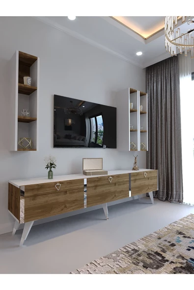 Myniture Home & Living Festival Tv Ünitesi S3007-2-1 CEVİZ BEYAZ  - COLOR SİLVER Tv Sehpası ve Duvar Rafı