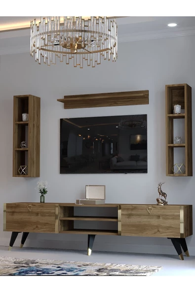 Myniture Home & Living Festival Tv Ünitesi G3009-2 CEVİZ - COLOR Gold detaylı Minifiks Bağlantı Tv Sehpası ve Duvar Rafı - Resim 3