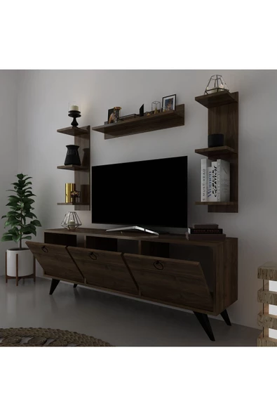 Myniture Home & Living Icon Raflı Tv Ünitesi Q3028-2 Ceviz Kulplu Dolaplı Modern Tv Sehpası - 4
