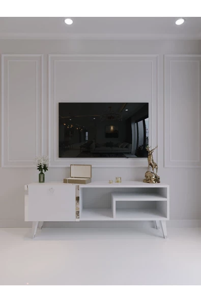 Myniture Home & Living Festival Tv Sehpası S6307-1 Beyaz Parlak Silver detaylı Minifiks Bağlantı Tv Ünitesi - Resim 2