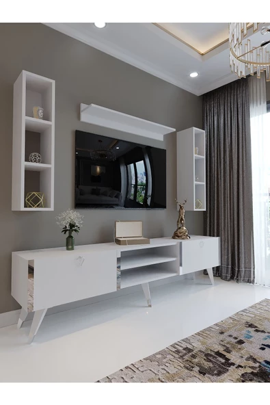 Myniture Home & Living Festival Tv Ünitesi S3009-1 Beyaz Parlak Silver detaylı Minifiks Bağlantı Tv Sehpası ve Duvar Rafı ürün görseli 1