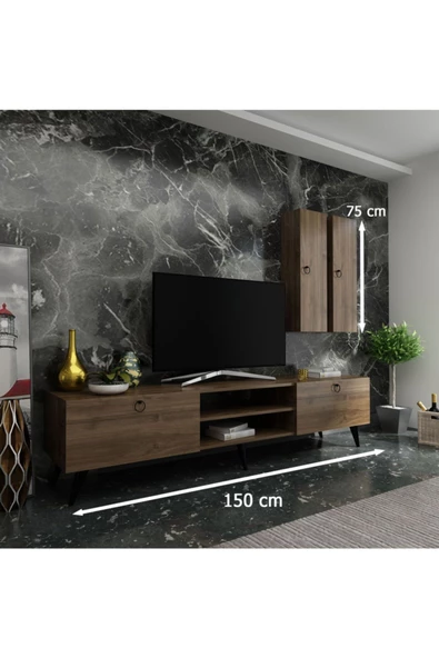 MobilyaFırsat Ideal Tv Ünitesi Duvar Raf Ve Dolaplı Q7818-2 Ceviz - Resim 2