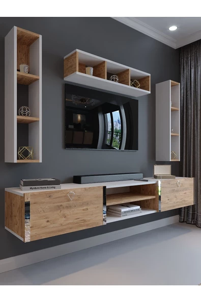 Myniture Home & Living Festival Tv Ünitesi S13006-1-6 Beyaz Atlantik Çam Silver Duvara Monte tv sehpası