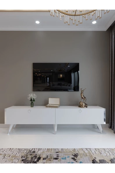 Myniture Home & Living Festival Tv Ünitesi S3011-1 Beyaz Parlak Silver detaylı Minifiks Bağlantı Tv Sehpası - Resim 2