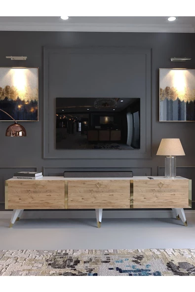 Myniture Home & Living Festival Tv Sehpası G3817-6-1 Gold Beyaz Atlantik Çam - 2