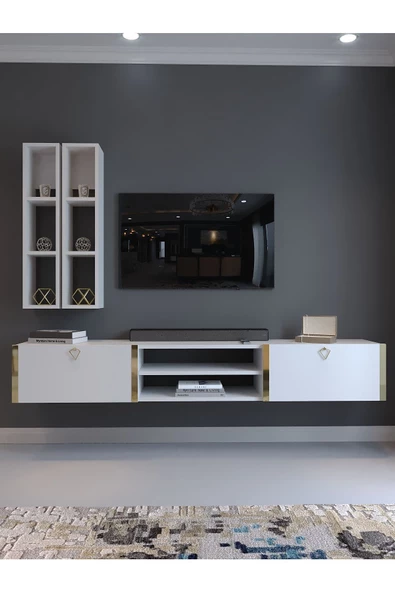 Myniture Home & Living Festival Tv Ünitesi G13000-1 Beyaz Parlak Gold Duvara Monte tv sehpası - Resim 2