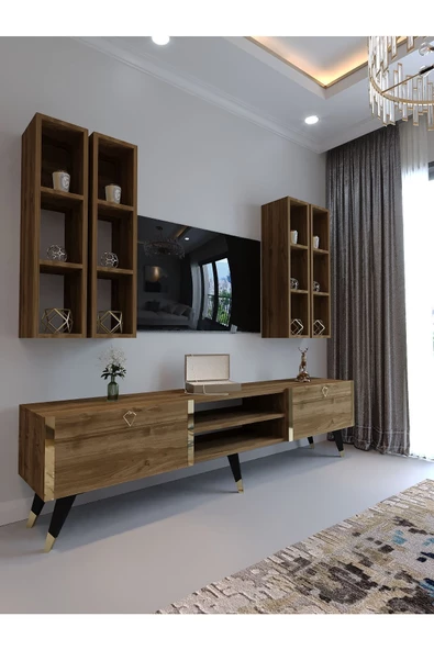 Myniture Home & Living Festival Tv Ünitesi G3001-2 CEVİZ - COLOR Gold detaylı Minifiks Bağlantı Tv Sehpası ve Duvar Rafı ürün görseli 1
