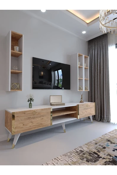 Myniture Home & Living Festival Tv Ünitesi S3006-6-1 BEYAZ ATLANTİK SİLVER COLOR Tv Sehpası ve Duvar Rafı