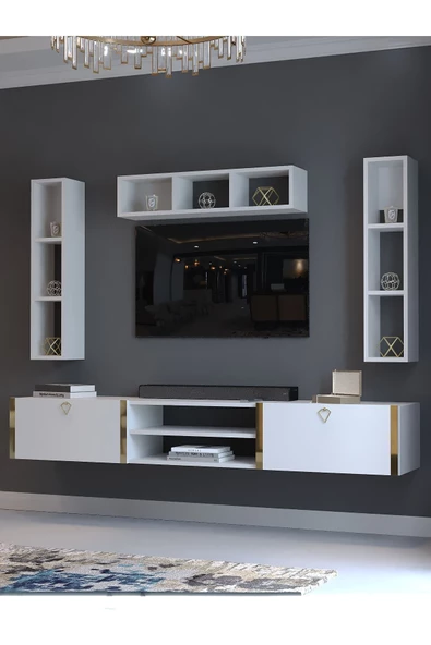 Myniture Home & Living Festival Tv Ünitesi G13006-1 Beyaz Parlak Gold Duvara Monte tv sehpası - Resim 3