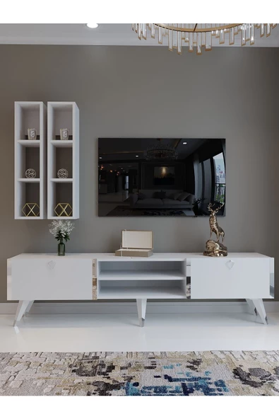 Myniture Home & Living Festival Tv Ünitesi S3000-1 Beyaz Parlak Silver detaylı Minifiks Bağlantı Tv Sehpası ve Duvar Rafı - Resim 2