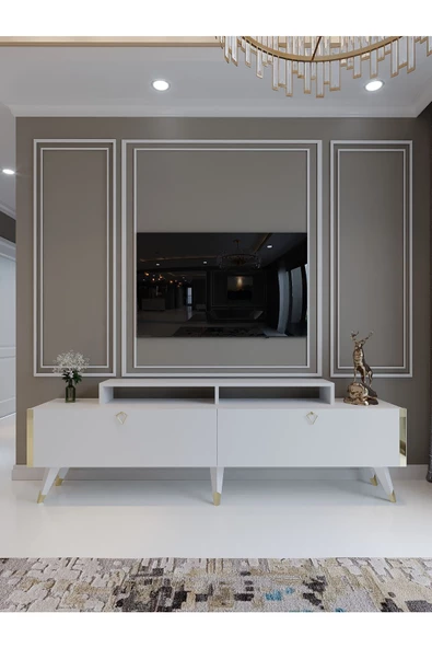 Myniture Home & Living Festival Tv Ünitesi G3010-1 Beyaz Parlak Gold detaylı Minifiks Bağlantı Tv Sehpası