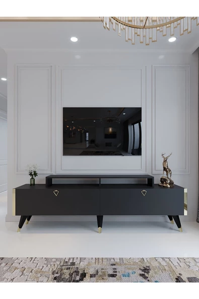 Myniture Home & Living Festival Tv Ünitesi G3010-4 Antrasit Gold detaylı Minifiks Bağlantı Tv Sehpası