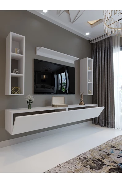 Myniture Home & Living Festival Tv Sehpası Q6400-1 Beyaz Parlak Minifiks Bağlantı Duvara Monte Tv Ünitesi - 3