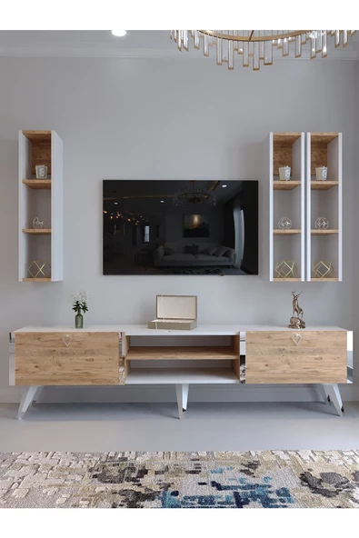 Myniture Home & Living Festival Tv Ünitesi G3006-6-1 BEYAZ ATLANTİK SİLVER COLOR Tv Sehpası ve Duvar Rafı - 2