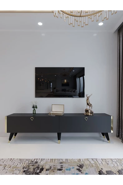 Myniture Home & Living Festival Tv Ünitesi G3011-4 Antrasit Gold detaylı Minifiks Bağlantı Tv Sehpası - Resim 2