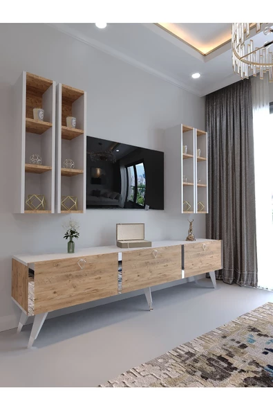 Myniture Home & Living Festival Tv Ünitesi S3002-6-1 BEYAZ ATLANTİK SİLVER COLOR Tv Sehpası ve Duvar Rafı ürün görseli 1