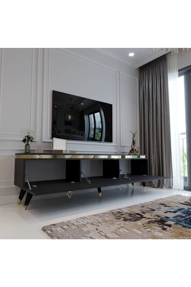 Myniture Home & Living Modern Tv Sehpası Gold Üçgen Kulp Kepli G9107-4 Antrasit 35 Cm Derinlik - Resim 3