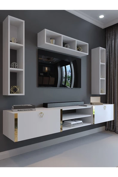 Myniture Home & Living Festival Tv Ünitesi G13006-1 Beyaz Parlak Gold Duvara Monte tv sehpası ürün görseli 1