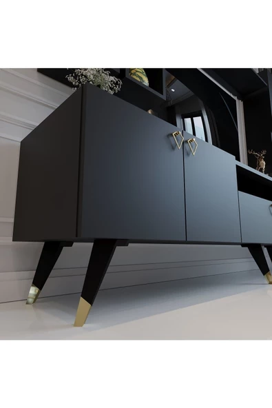 Myniture Home & Living Modern Tv Sehpası Gold Üçgen Kulp Kepli Q8024-4 Antrasit - Resim 3