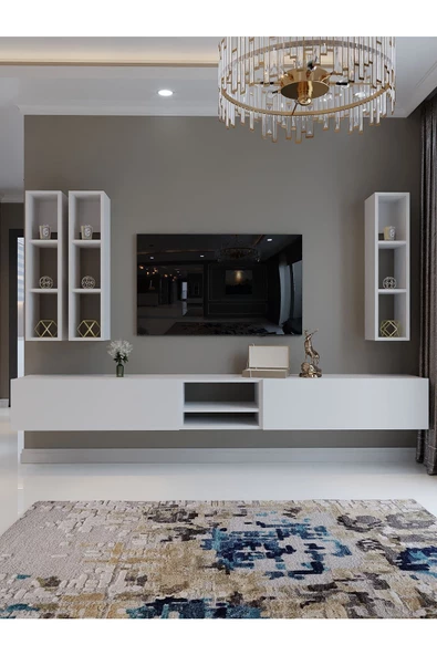 Myniture Home & Living Festival Tv Sehpası Q6404-1 225 CM Beyaz Parlak Minifiks Bağlantı Duvara Monte Tv Ünitesi - Resim 2