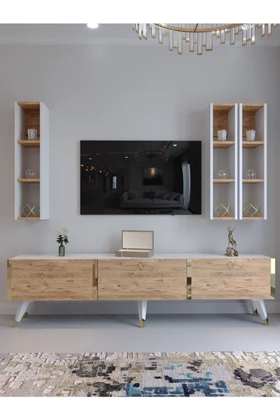 Myniture Home & Living Festival Tv Ünitesi G3007-6-1 BEYAZ ATLANTİK SİLVER COLOR Tv Sehpası ve Duvar Rafı - 2