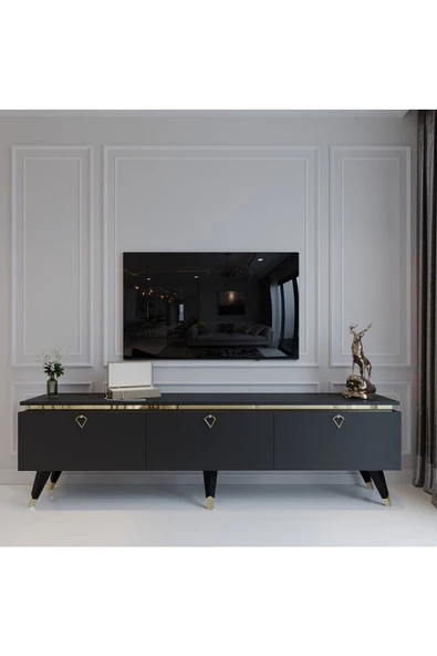 Myniture Home & Living Modern Tv Sehpası Gold Üçgen Kulp Kepli G9107-4 Antrasit 35 Cm Derinlik ürün görseli 1