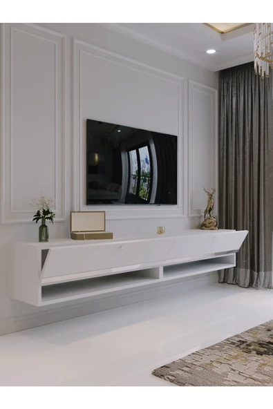 Myniture Home & Living Duvara Monte Tv Sehpası Beyaz Gümüş S6301-1 - 2