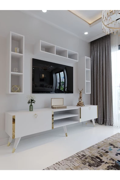Myniture Home & Living Festival Tv Ünitesi G3006-1 Beyaz Parlak Gold detaylı Minifiks Bağlantı Tv Sehpası ve Duvar Rafı ürün görseli 1